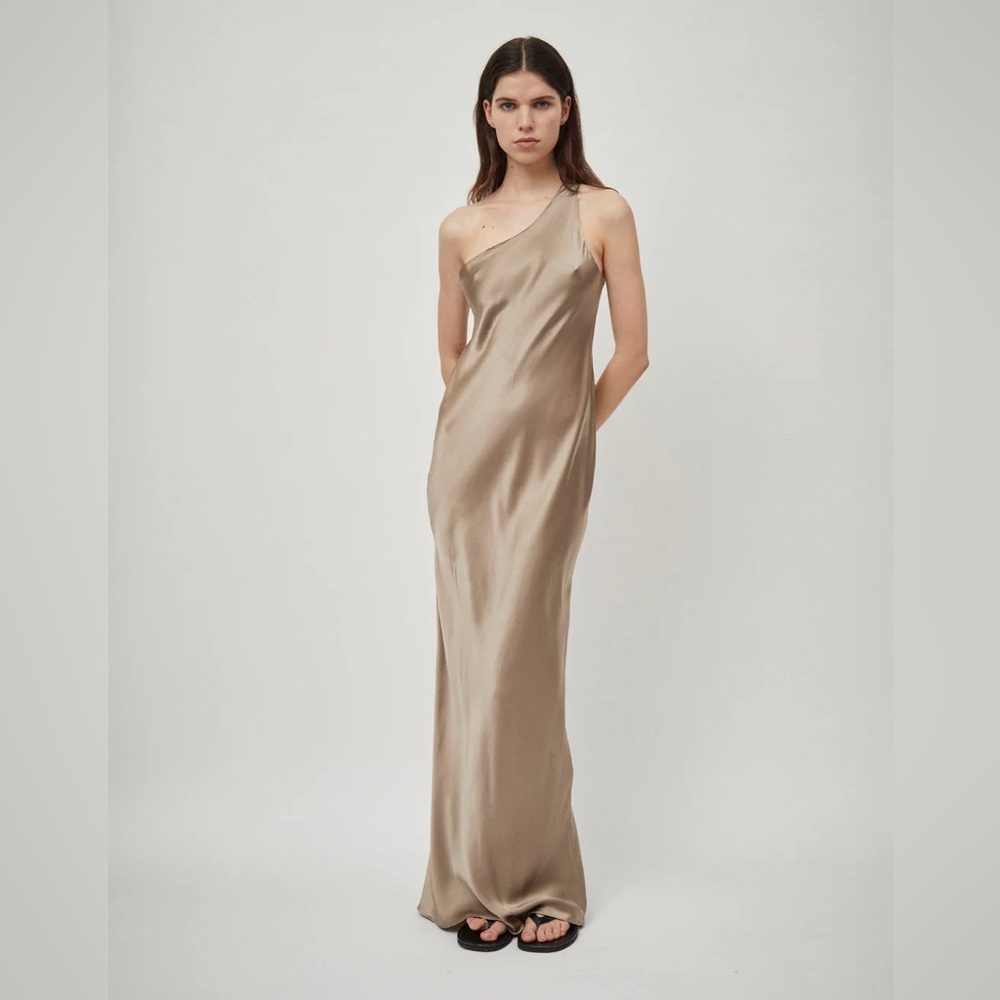 One shoulder champagne silk satin dress by Beare Park.